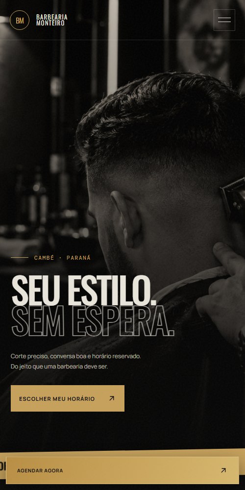 Página inicial da Barbearia Monteiro em um celular